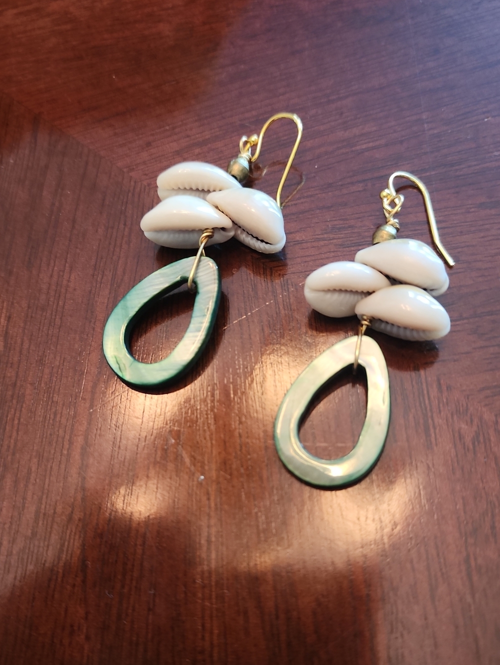 Handcrafted Cowrie Shell & Green Mother Of Pearl Teardrop Dangle Earrings
